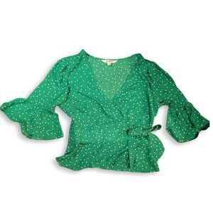 BB DAKOTA - Bright Green & White Polka Flared Sleeve Wrap Blouse Size Small